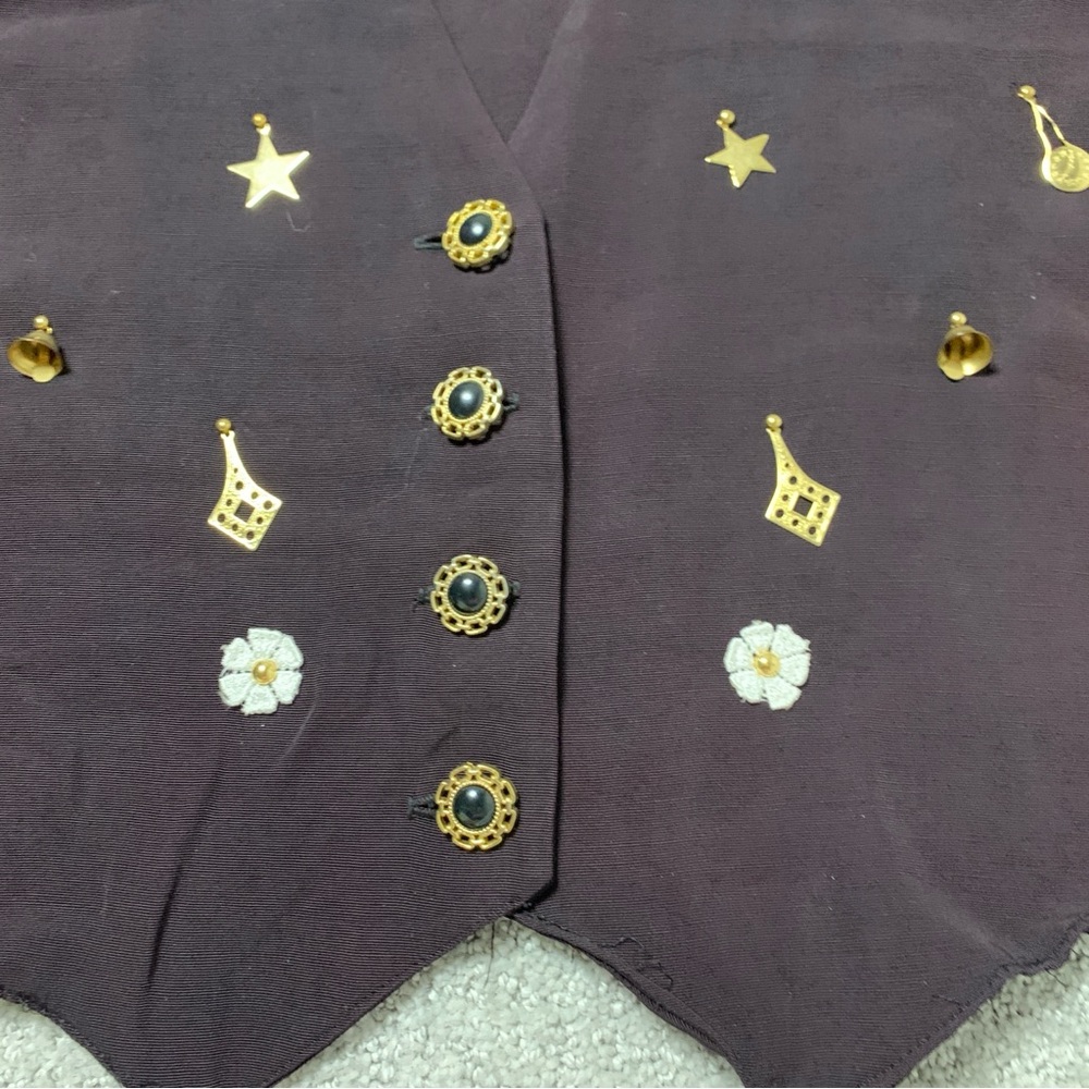 Vintage Brown Deep V Vest W/ Gold Charms Bells, Fits Large Women 4 Button - Picture 4 of 11